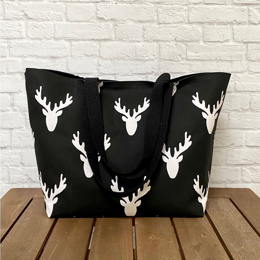 Handmade Foldable Travel/Market Tote - Black/White Deer